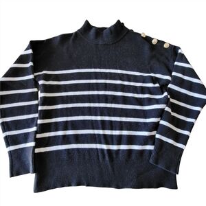 Nicole Miller Black White Stripe Womens L Nautical Mock Neck Sweater Gold Button